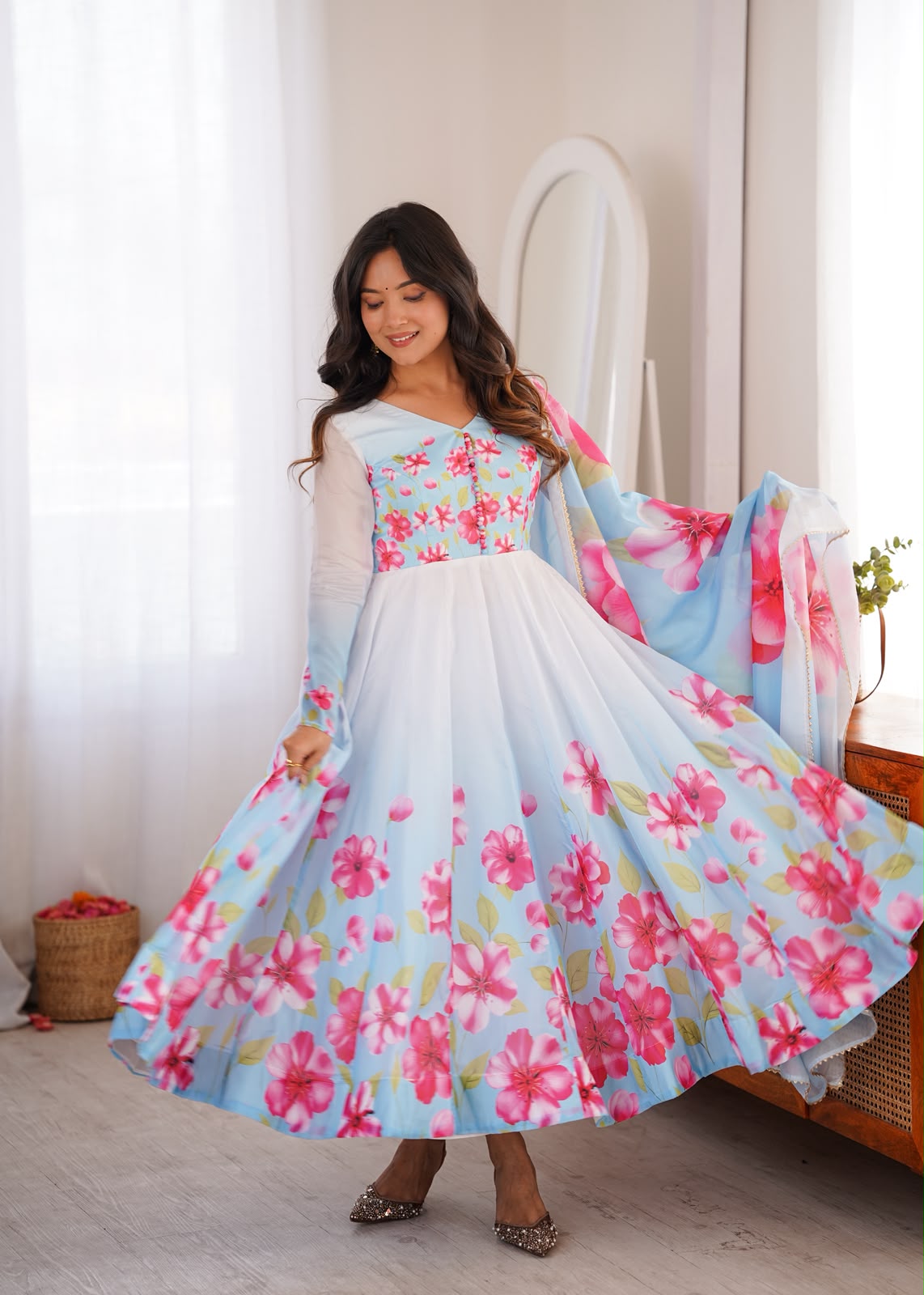 Blossom Sky Blue Floral Anarkali Suit Set with Printed Dupatta