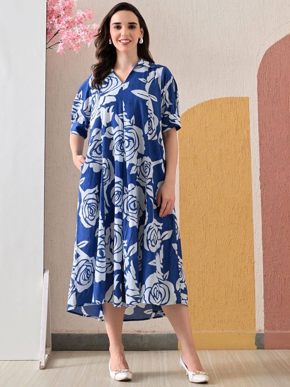 Blue Blossom Breeze Cotton A-Line Midi Dress for Women