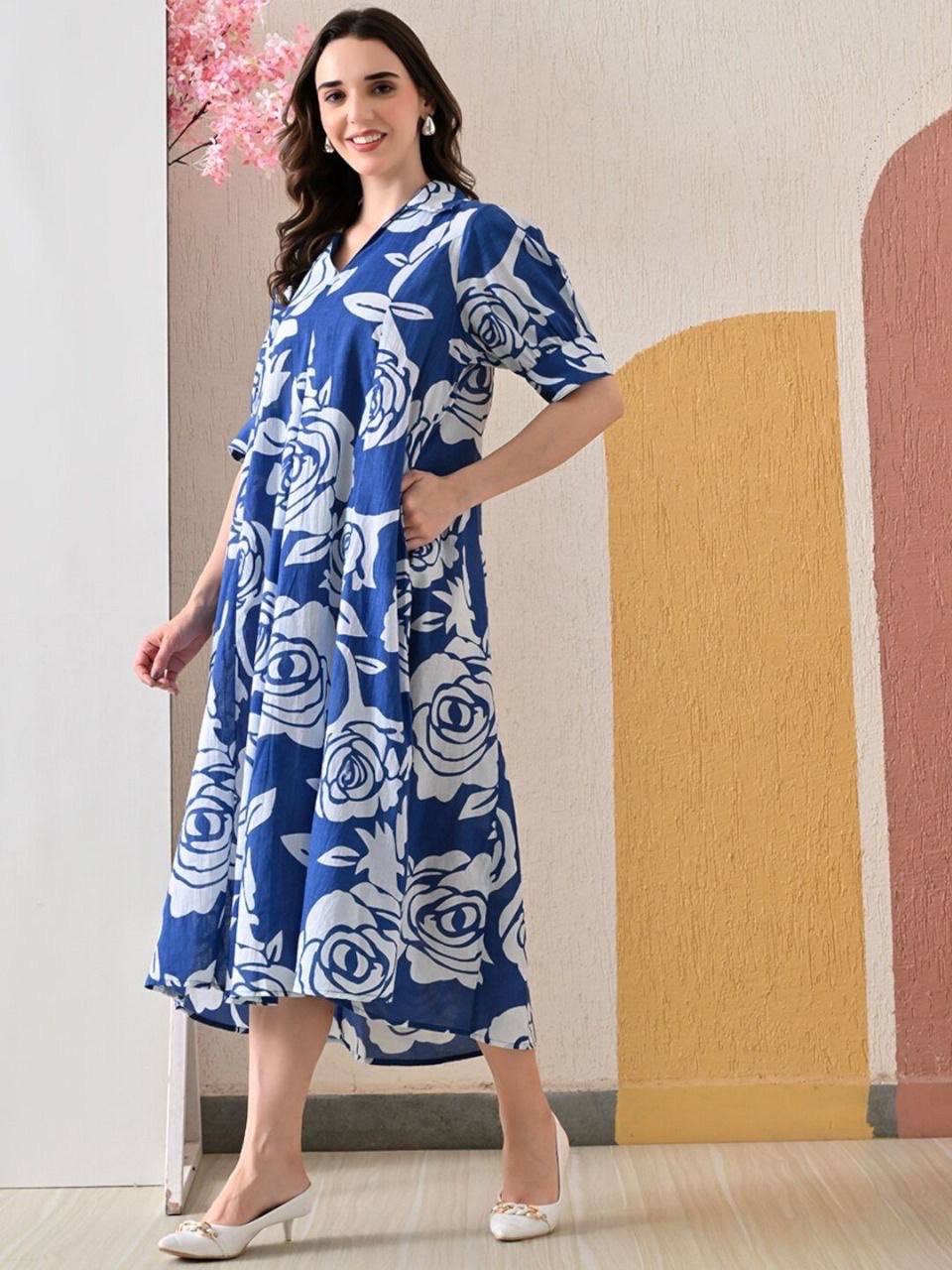 Blue Blossom Breeze Cotton A-Line Midi Dress for Women