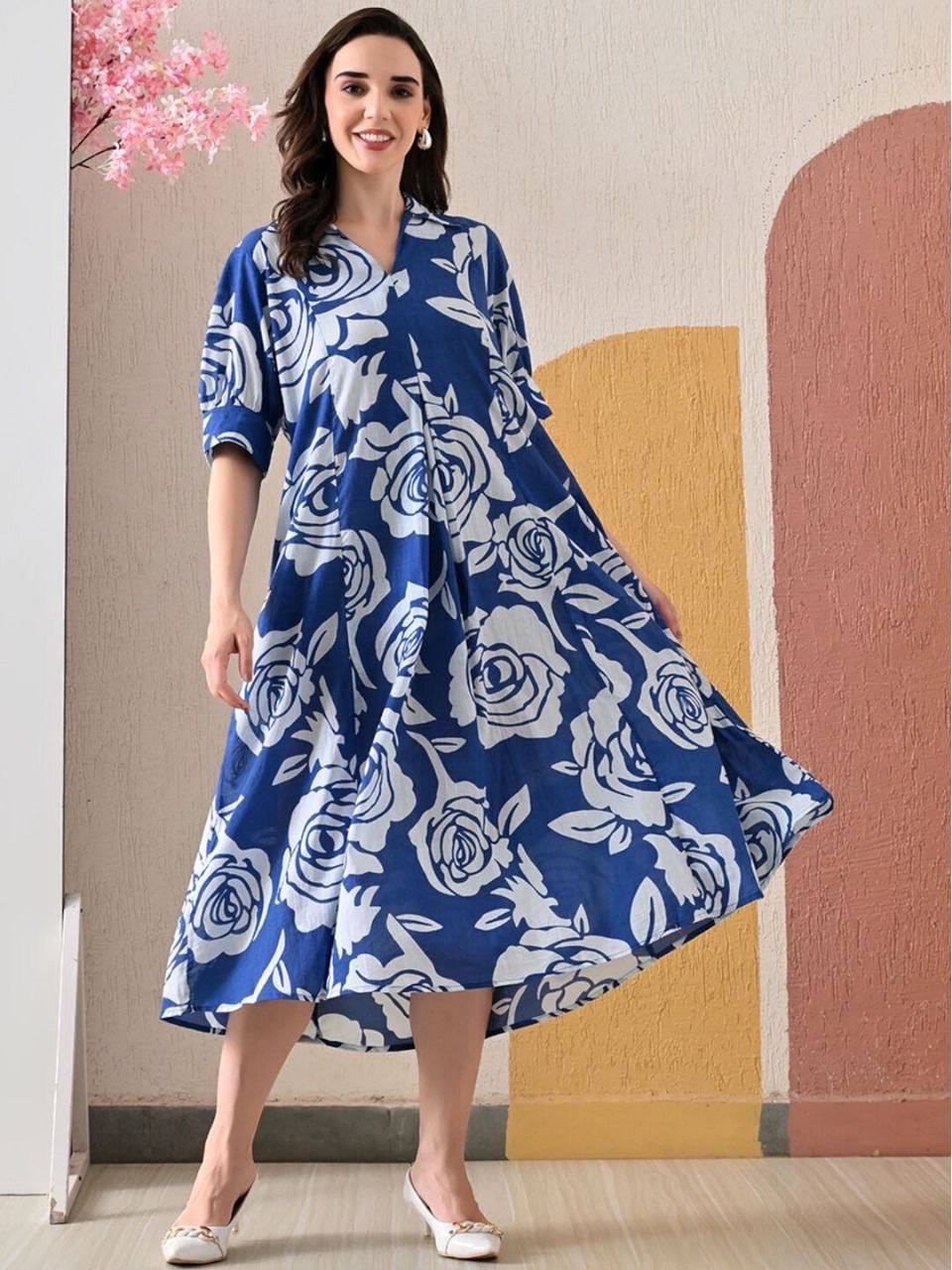 Blue Blossom Breeze Cotton A-Line Midi Dress for Women