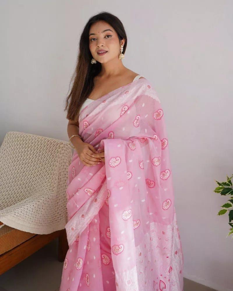 Blush Pink Soft Organza Jamdani Saree