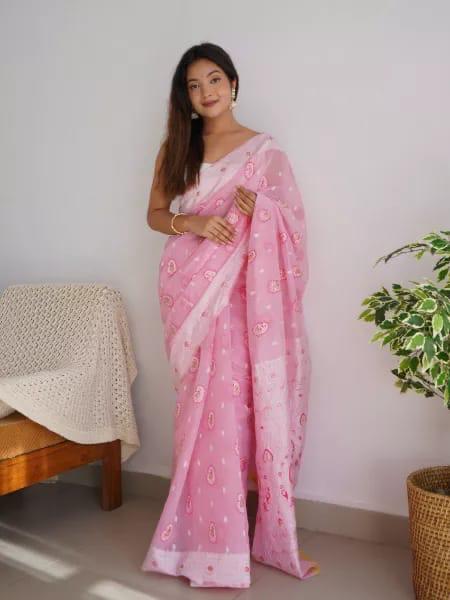 Blush Pink Soft Organza Jamdani Saree