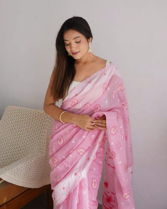 Blush Pink Soft Organza Jamdani Saree
