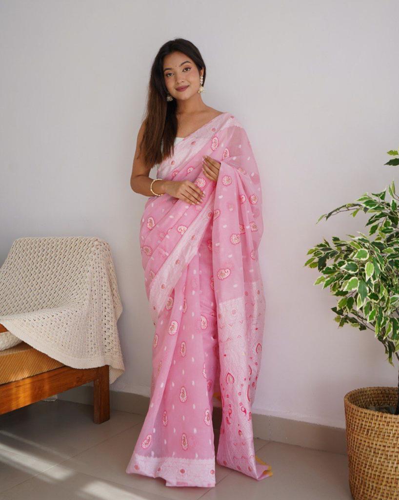 Blush Pink Soft Organza Jamdani Saree