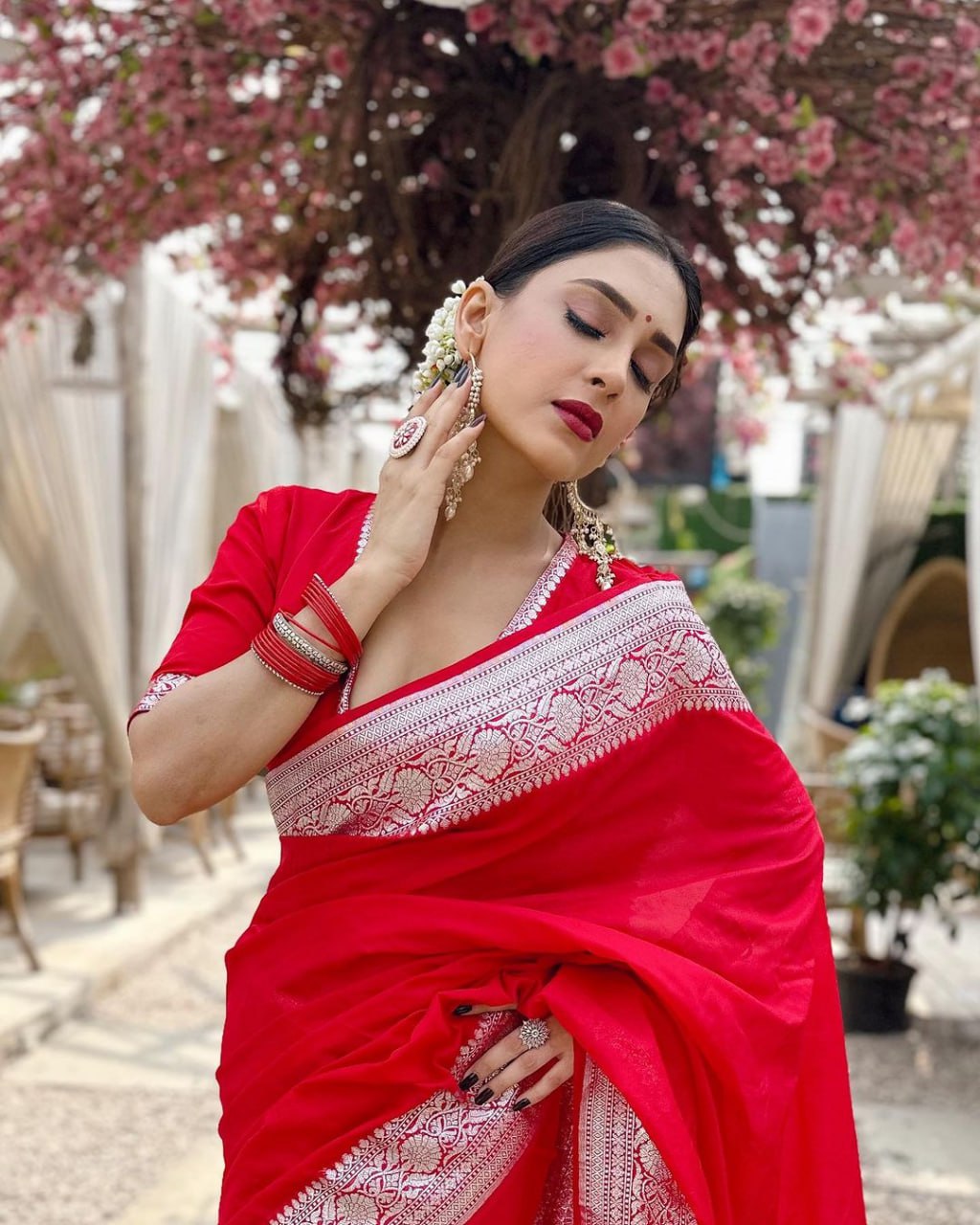 Cherry Red Silk Saree with Ornate Silver Zari Border