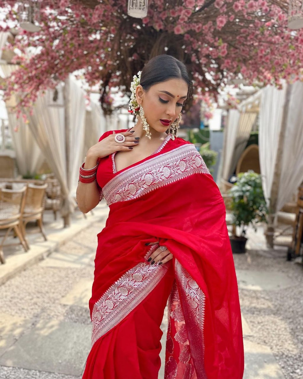 Cherry Red Silk Saree with Ornate Silver Zari Border