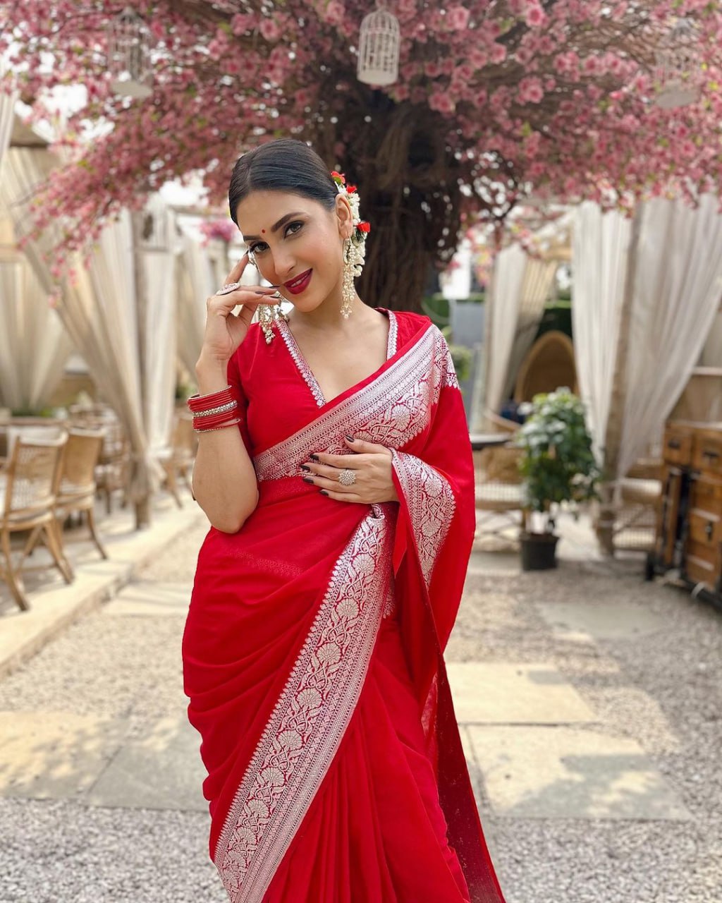 Cherry Red Silk Saree with Ornate Silver Zari Border