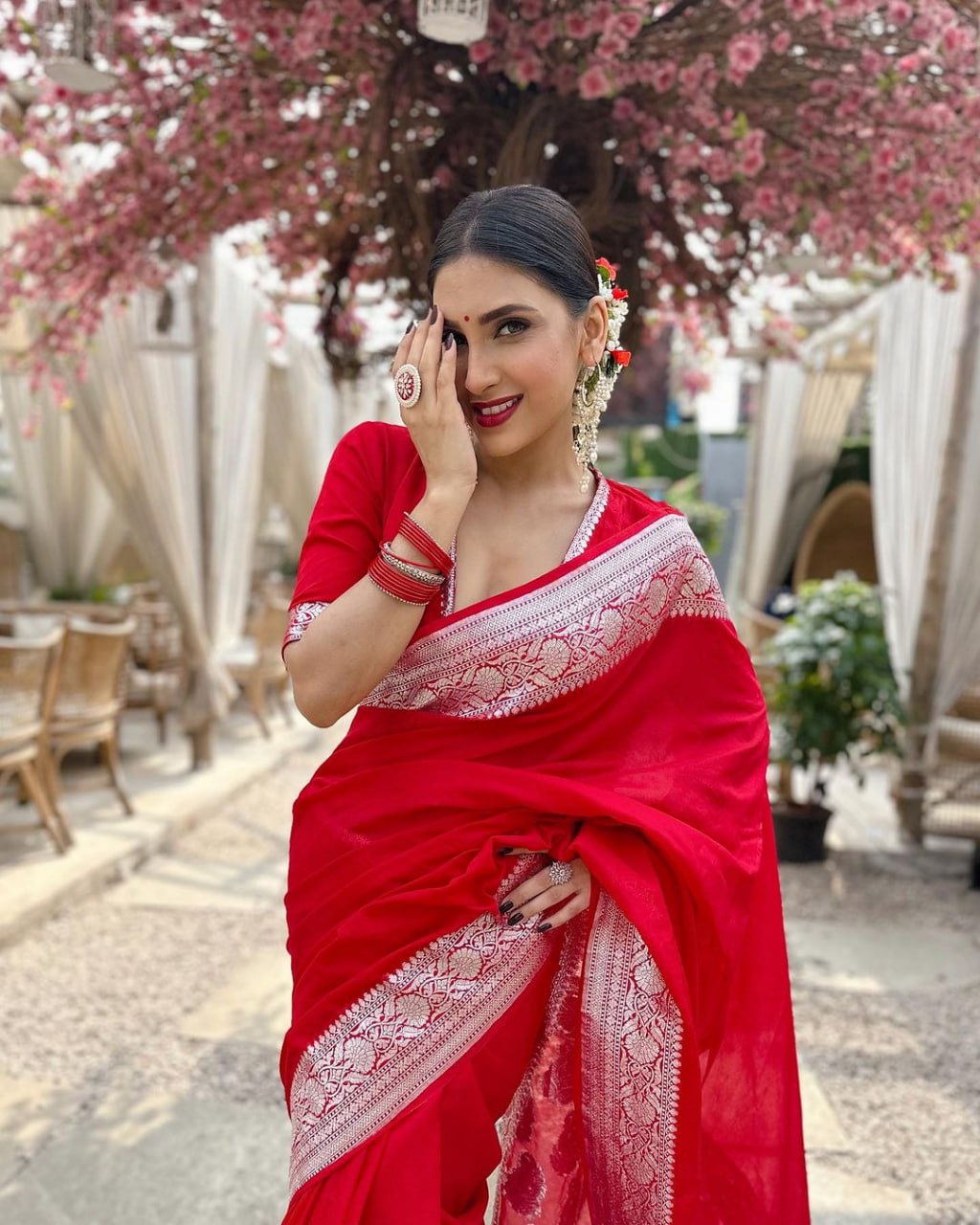 Cherry Red Silk Saree with Ornate Silver Zari Border