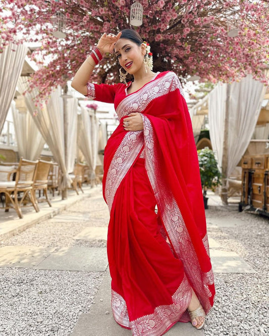 Cherry Red Silk Saree with Ornate Silver Zari Border