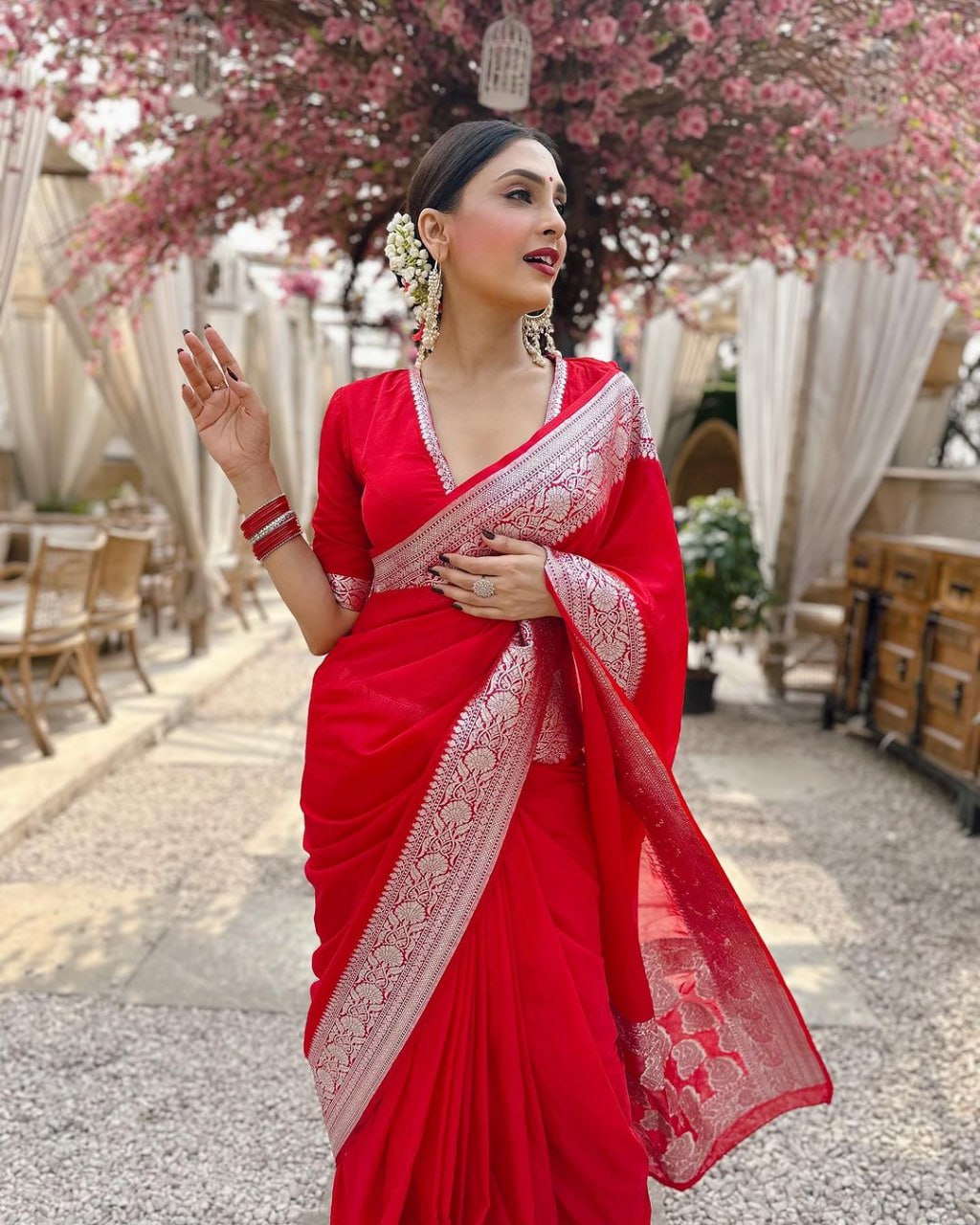 Cherry Red Silk Saree with Ornate Silver Zari Border