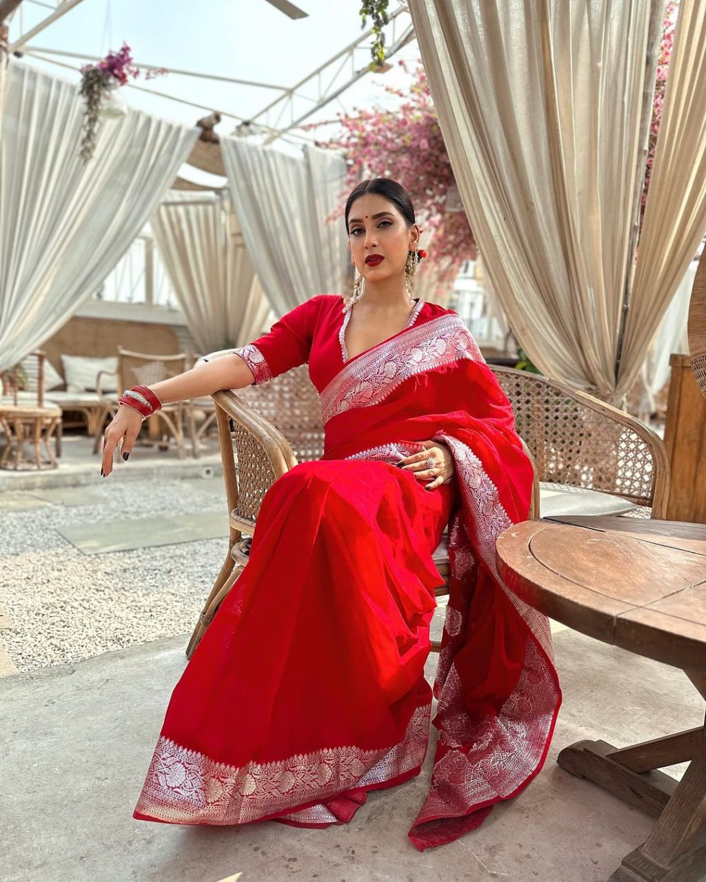 Cherry Red Silk Saree with Ornate Silver Zari Border