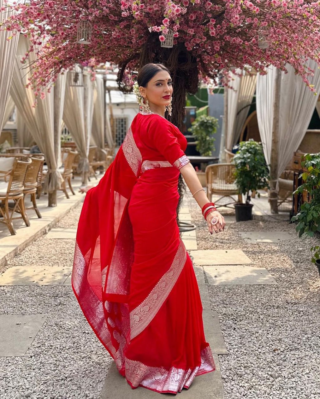 Cherry Red Silk Saree with Ornate Silver Zari Border