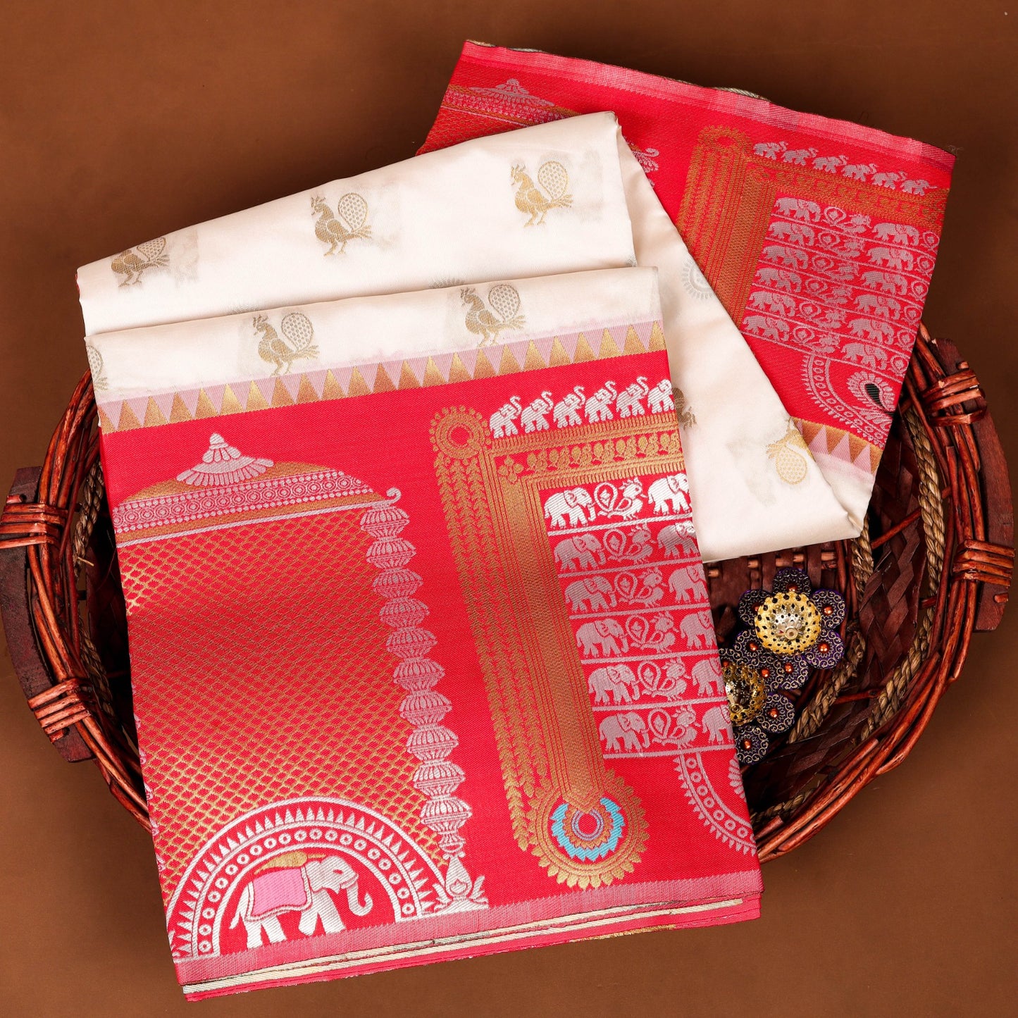 Cream Pashmina Kashmiri Silk Zari Woven Saree