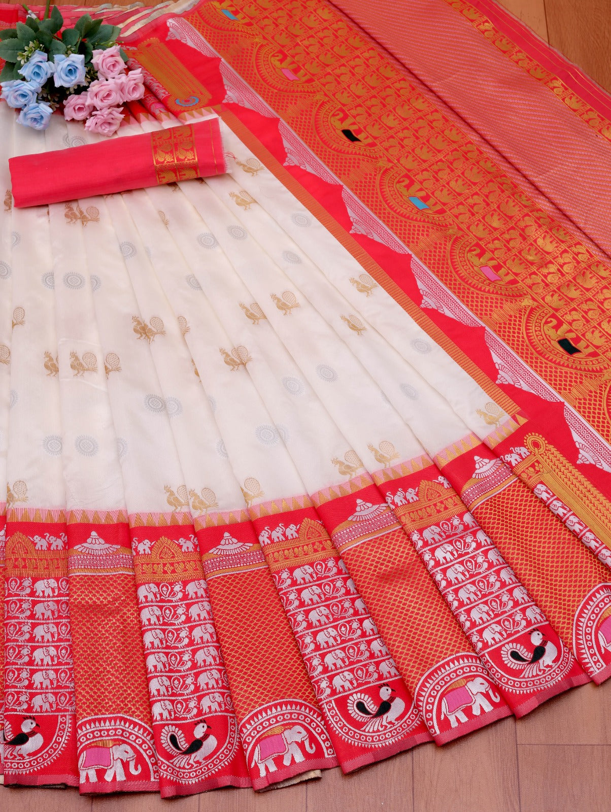 Cream Pashmina Kashmiri Silk Zari Woven Saree