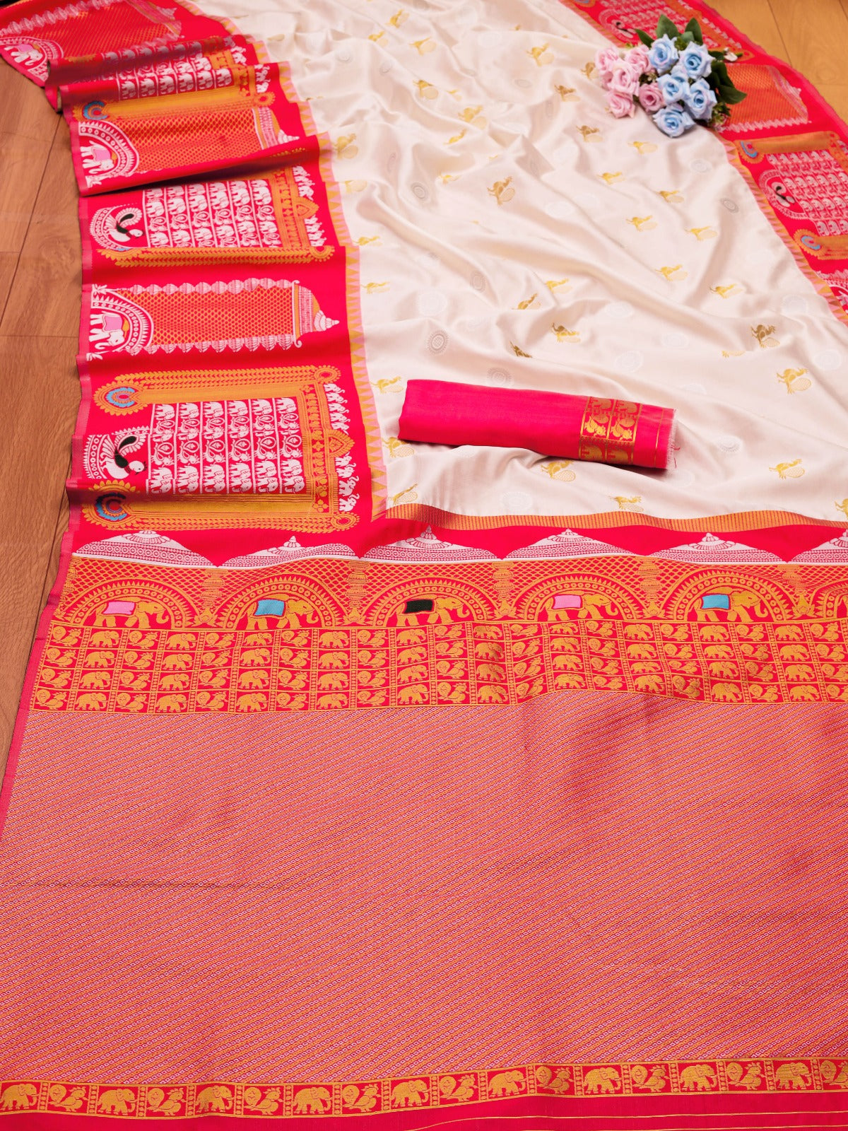 Cream Pashmina Kashmiri Silk Zari Woven Saree