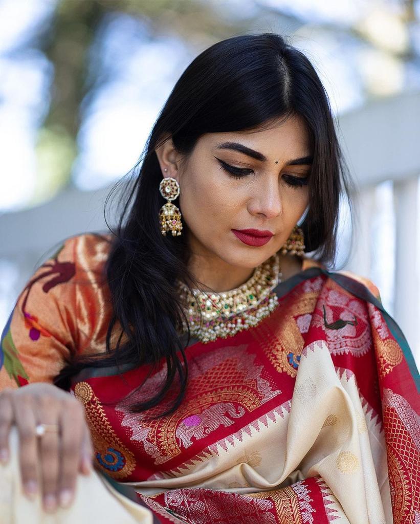 Cream Pashmina Kashmiri Silk Zari Woven Saree