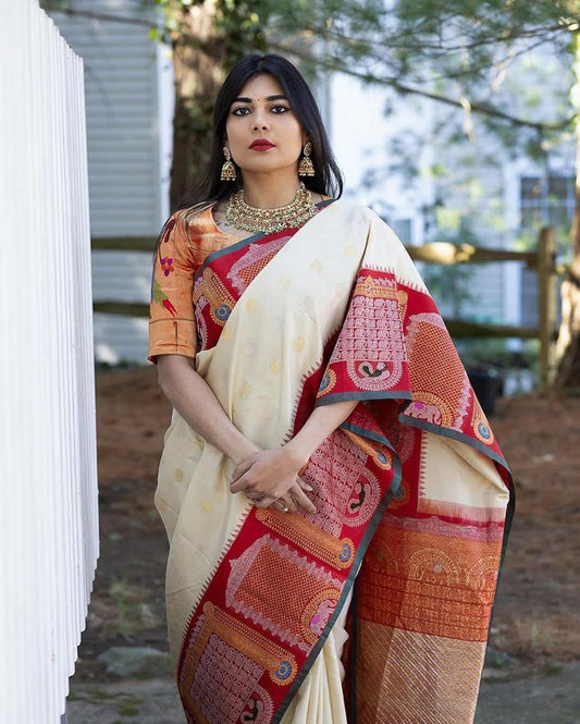 Cream Pashmina Kashmiri Silk Zari Woven Saree