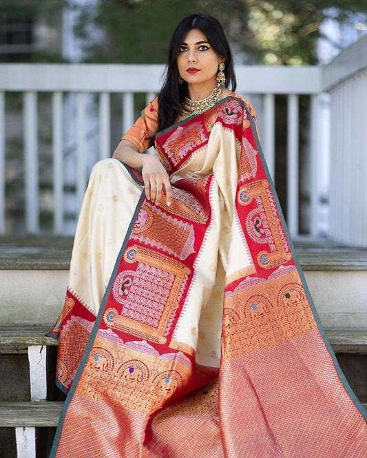 Cream Pashmina Kashmiri Silk Zari Woven Saree