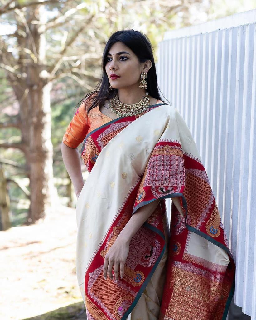 Cream Pashmina Kashmiri Silk Zari Woven Saree