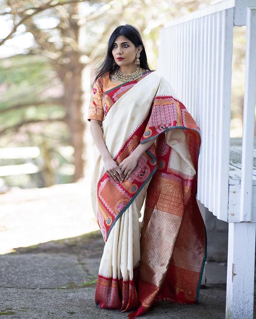 Cream Pashmina Kashmiri Silk Zari Woven Saree