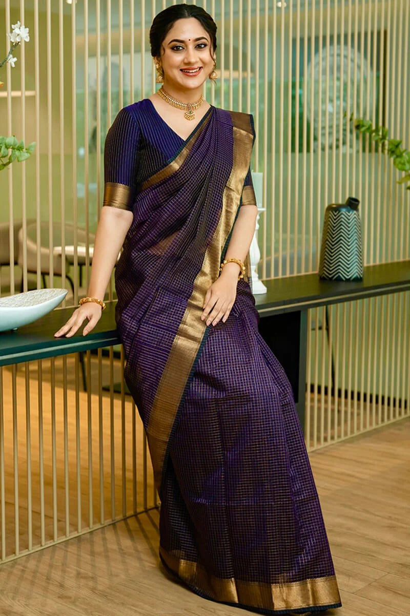 Deep Purple Checkered Silk Saree with Antique Gold Border