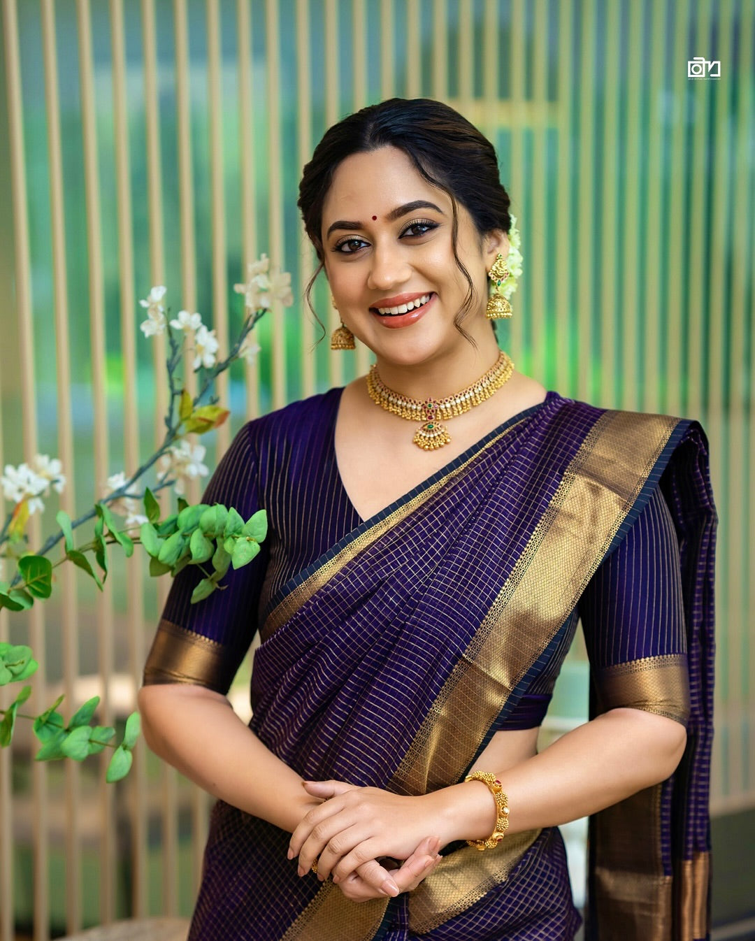 Deep Purple Checkered Silk Saree with Antique Gold Border