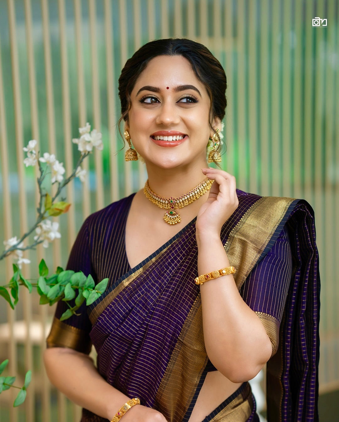 Deep Purple Checkered Silk Saree with Antique Gold Border