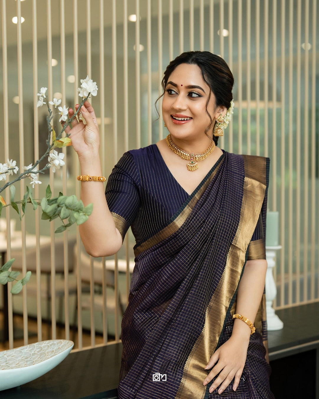 Deep Purple Checkered Silk Saree with Antique Gold Border