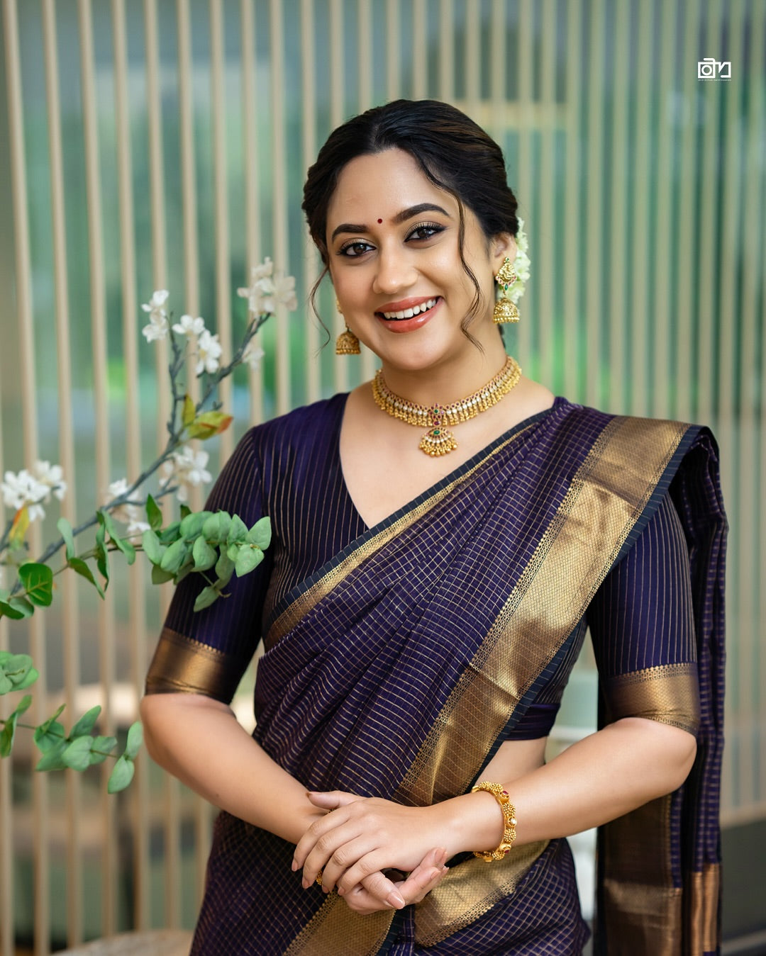 Deep Purple Checkered Silk Saree with Antique Gold Border