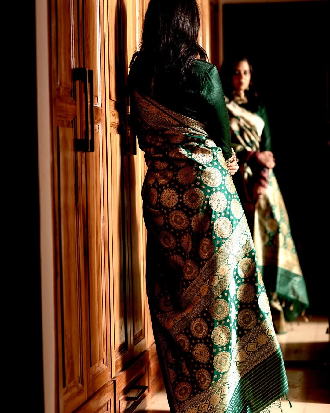 Deepika's Emerald Green Banarasi Silk Saree
