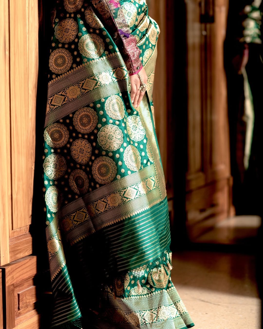 Deepika's Emerald Green Banarasi Silk Saree