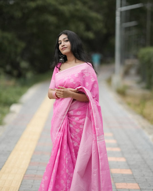 Elegant Blossom Pink Cotton Saree