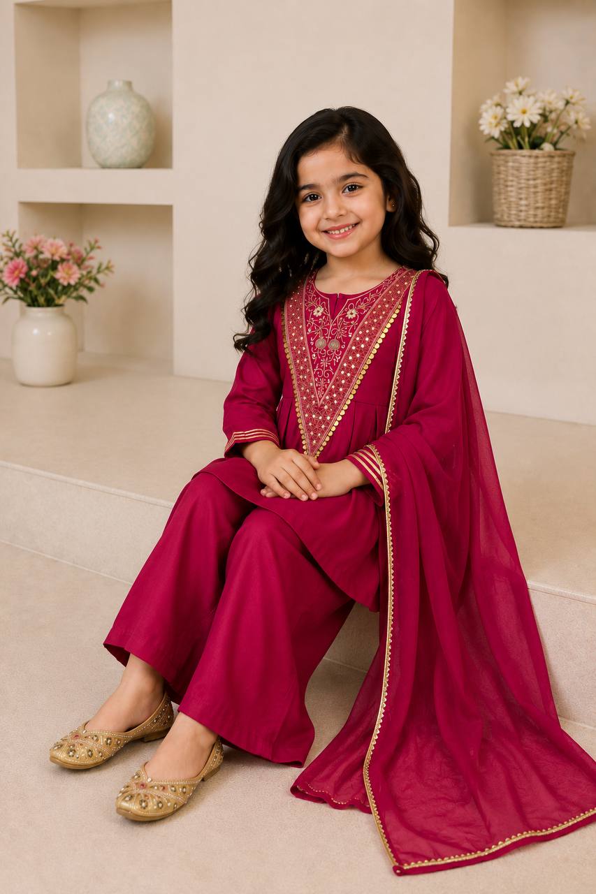Elegant Magenta Embroidered Kurta Set for Girls