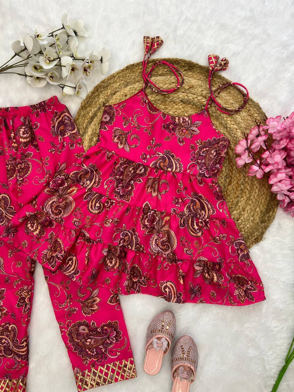 Elegant Magenta Printed Tiered Co-Ord Set for Girls