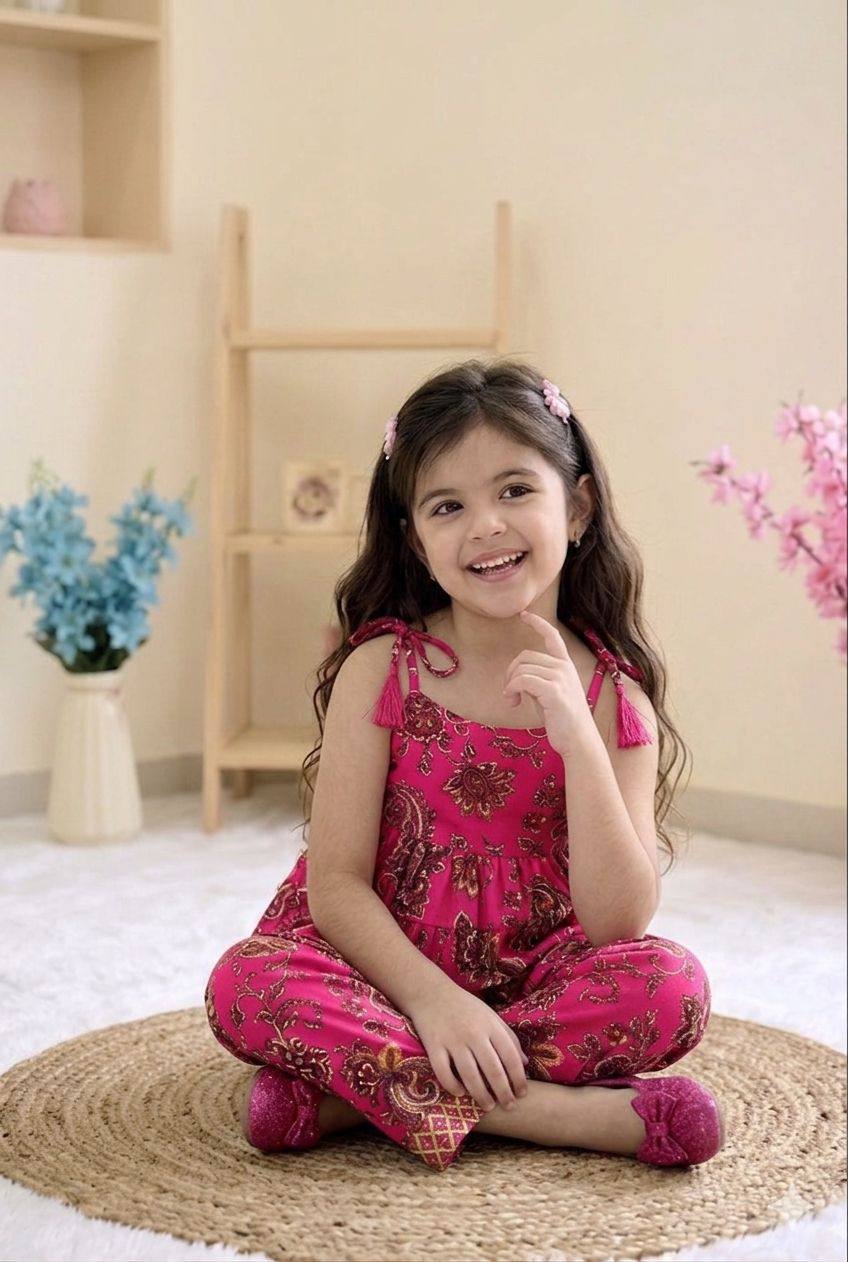 Elegant Magenta Printed Tiered Co-Ord Set for Girls