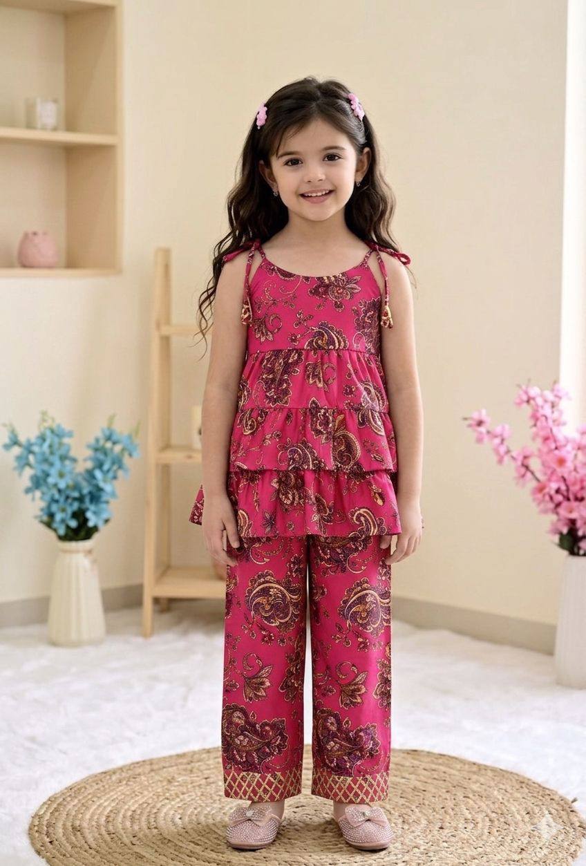 Elegant Magenta Printed Tiered Co-Ord Set for Girls