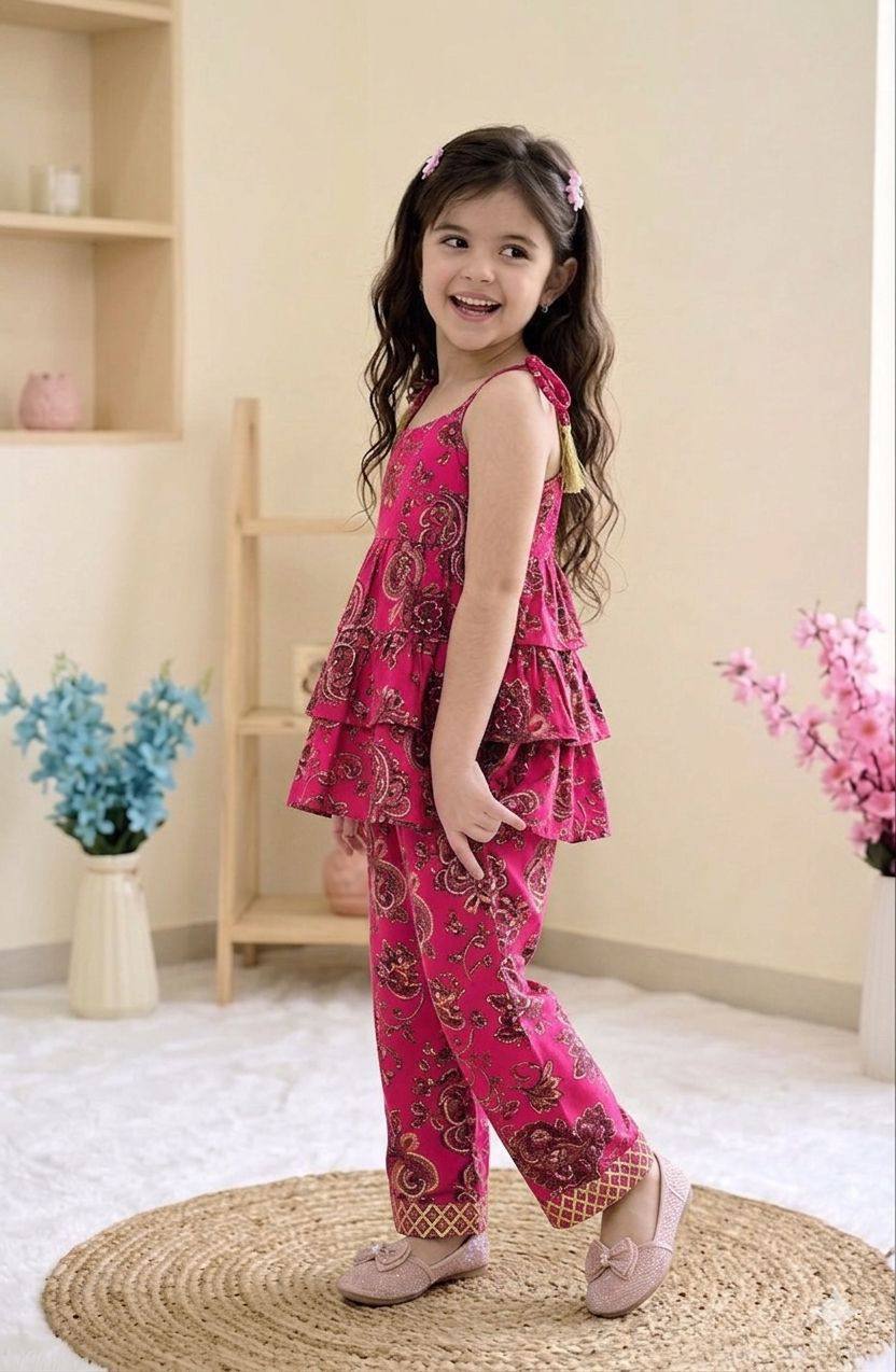 Elegant Magenta Printed Tiered Co-Ord Set for Girls