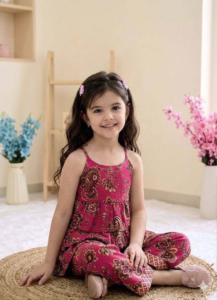 Elegant Magenta Printed Tiered Co-Ord Set for Girls