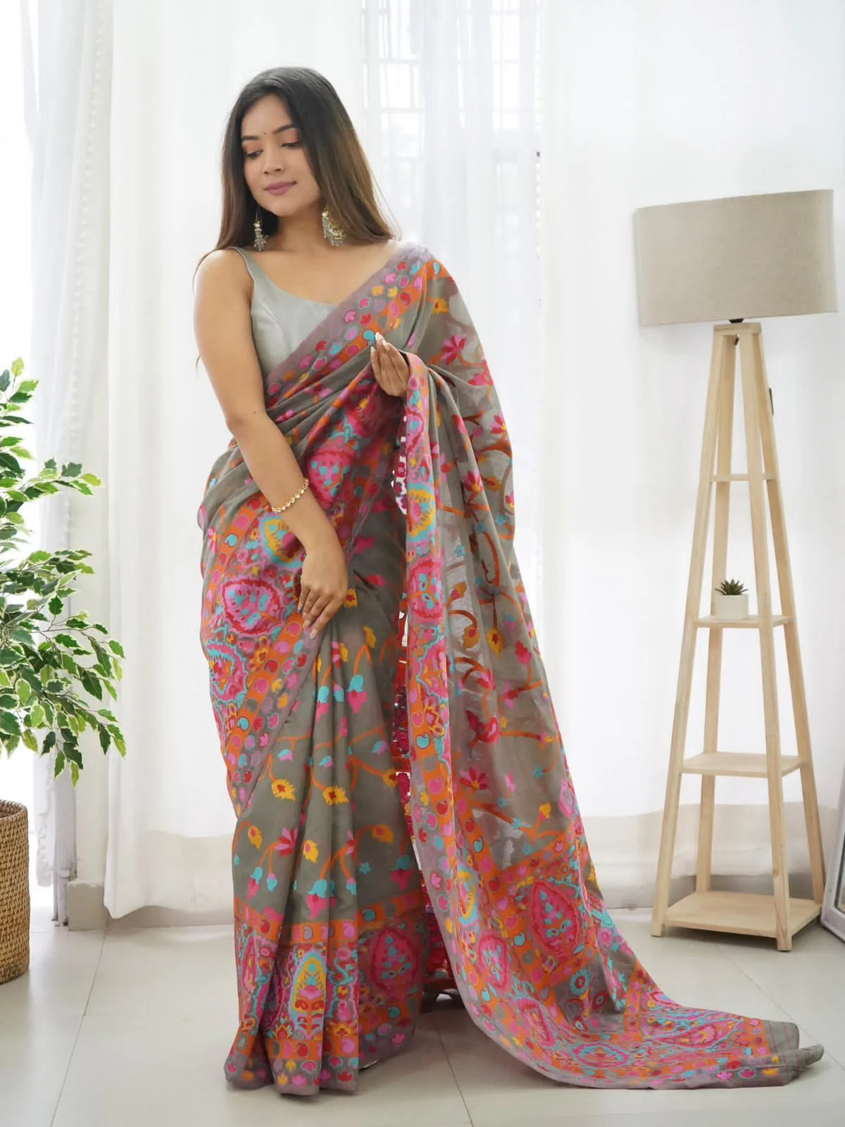 Floral Gray Silk Saree