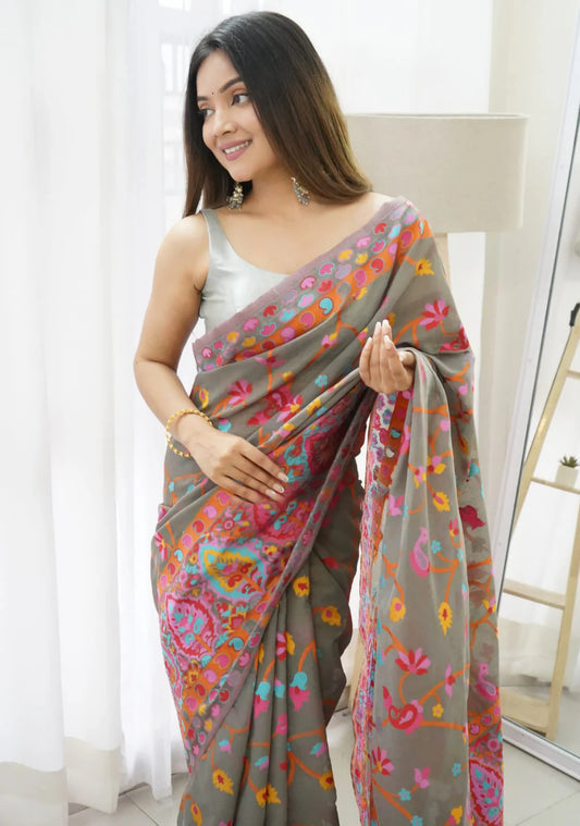 Floral Gray Silk Saree