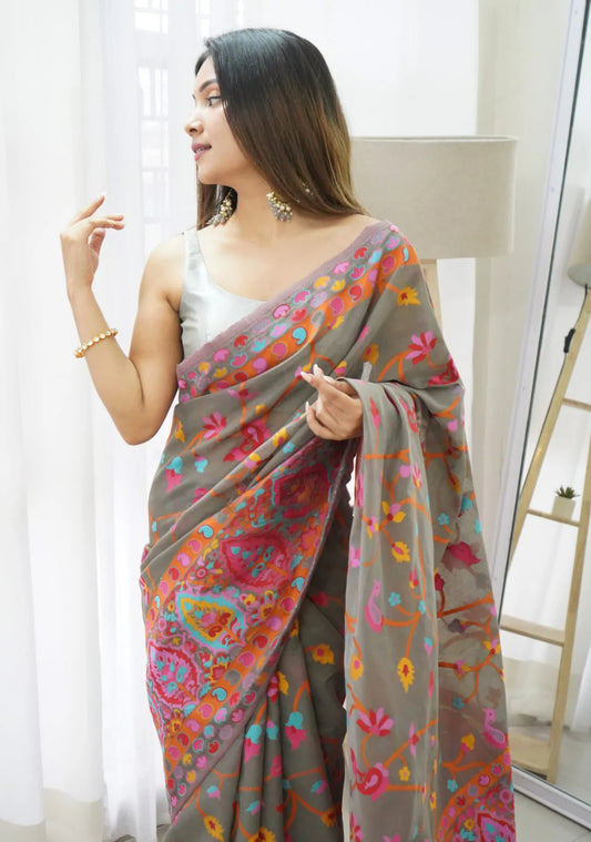 Floral Gray Silk Saree