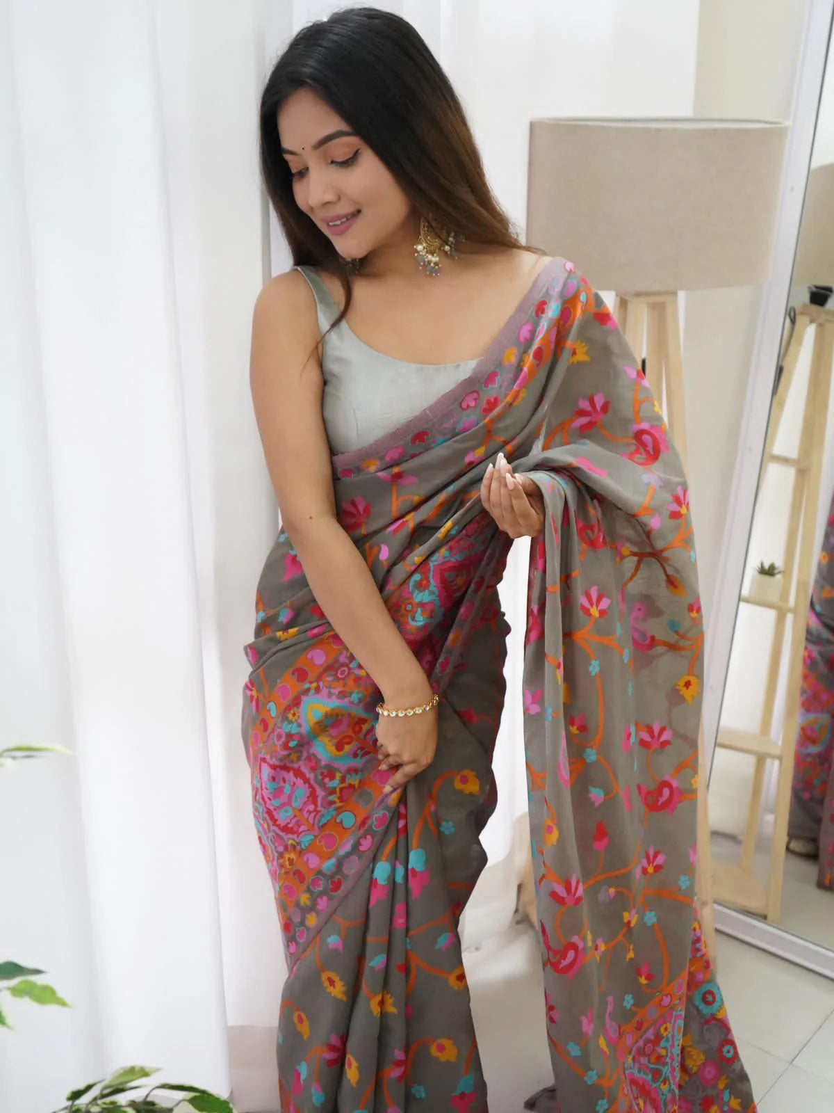 Floral Gray Silk Saree