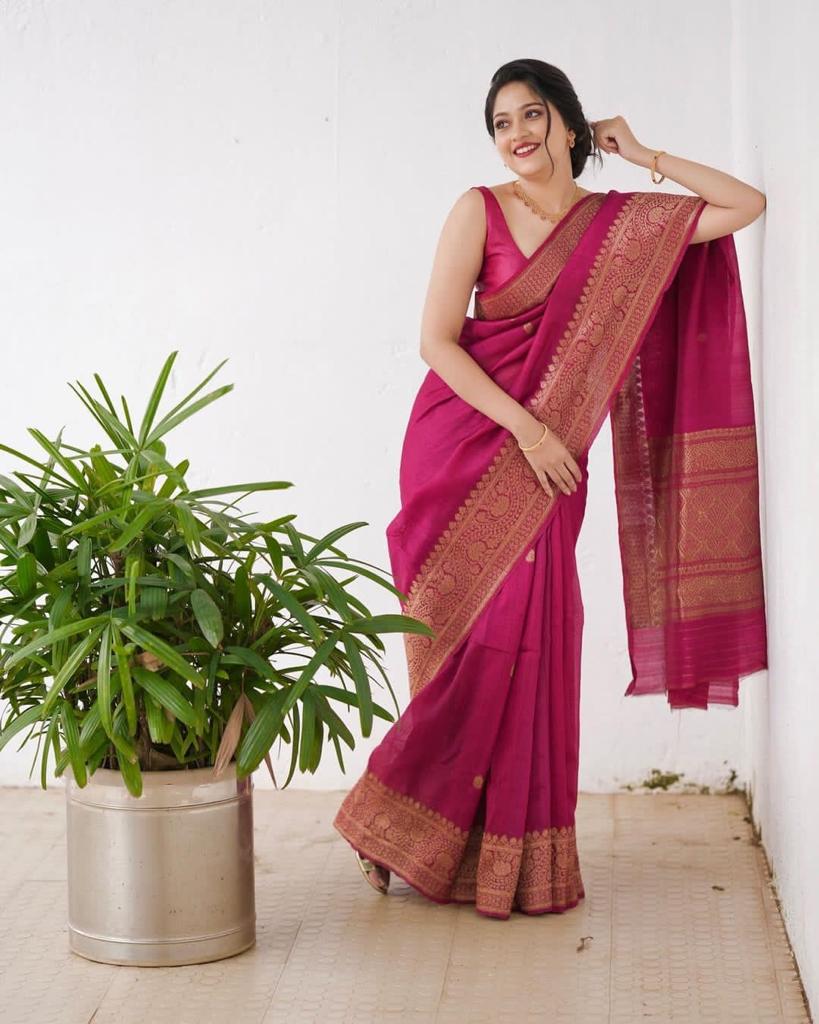 Fuchsia Glow Kanjivaram Style Silk Saree in Copper Weave