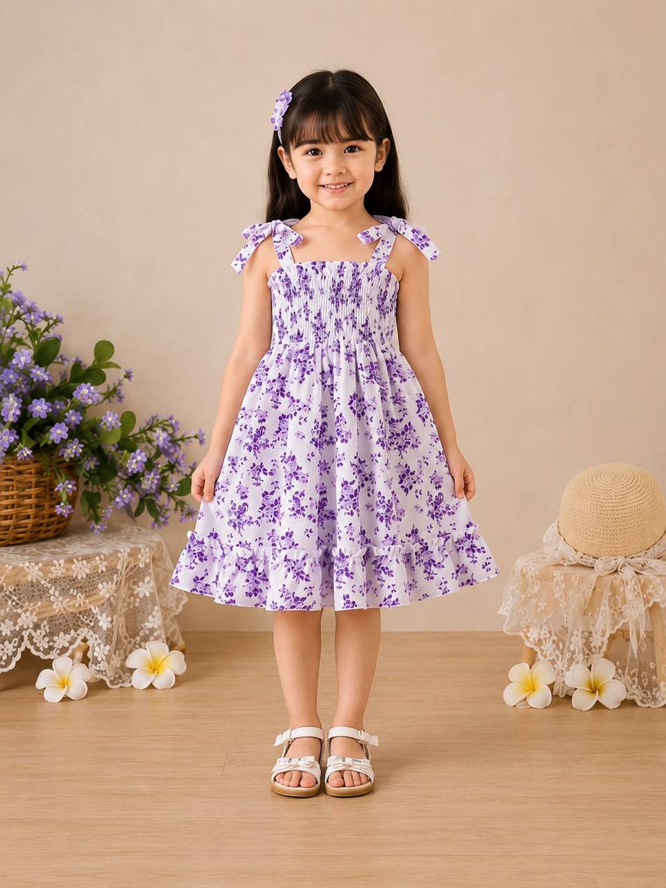 Girls Lavender Floral Print Smocked Dress