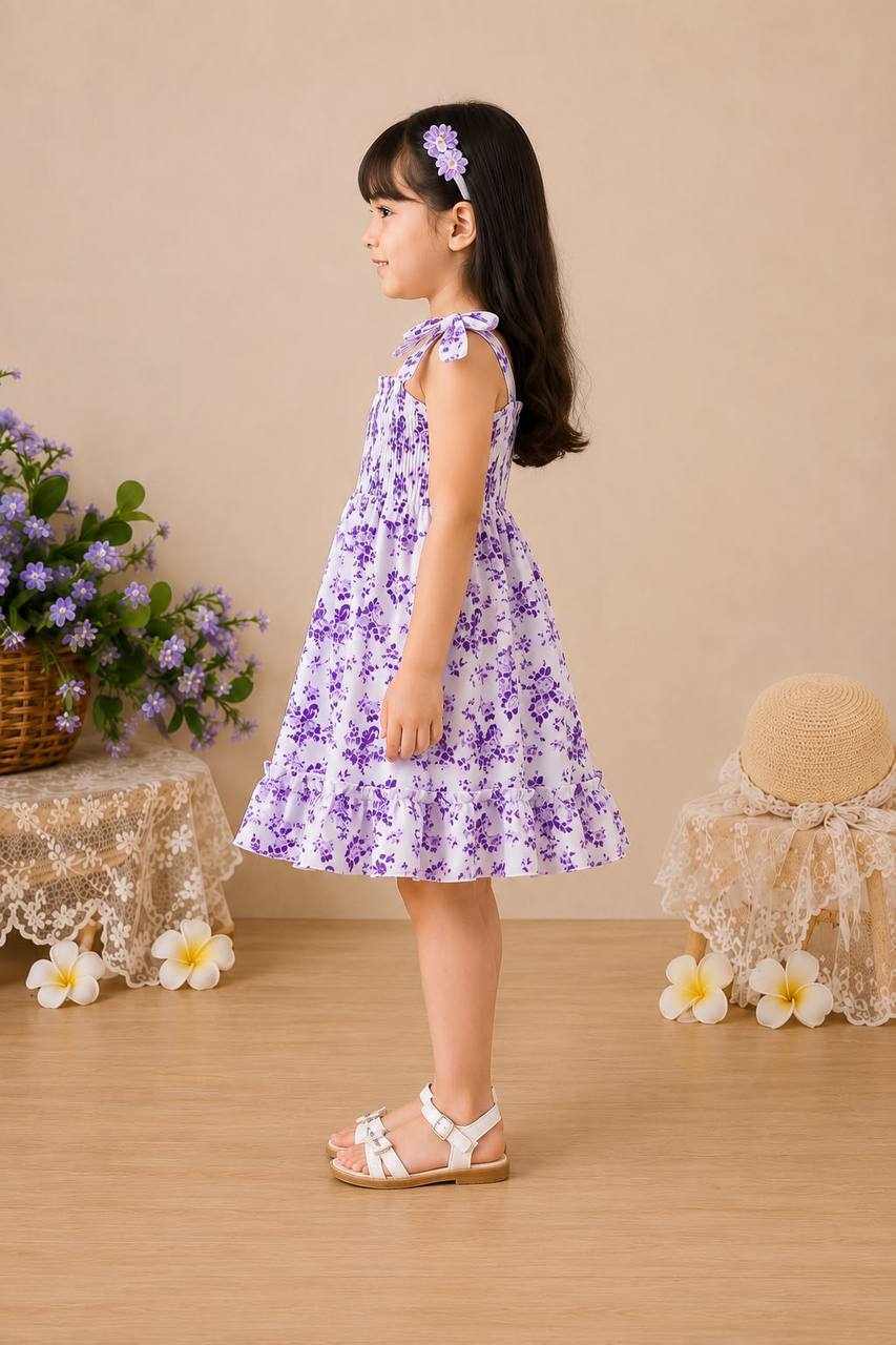 Girls Lavender Floral Print Smocked Dress