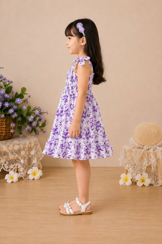 Girls Lavender Floral Print Smocked Dress