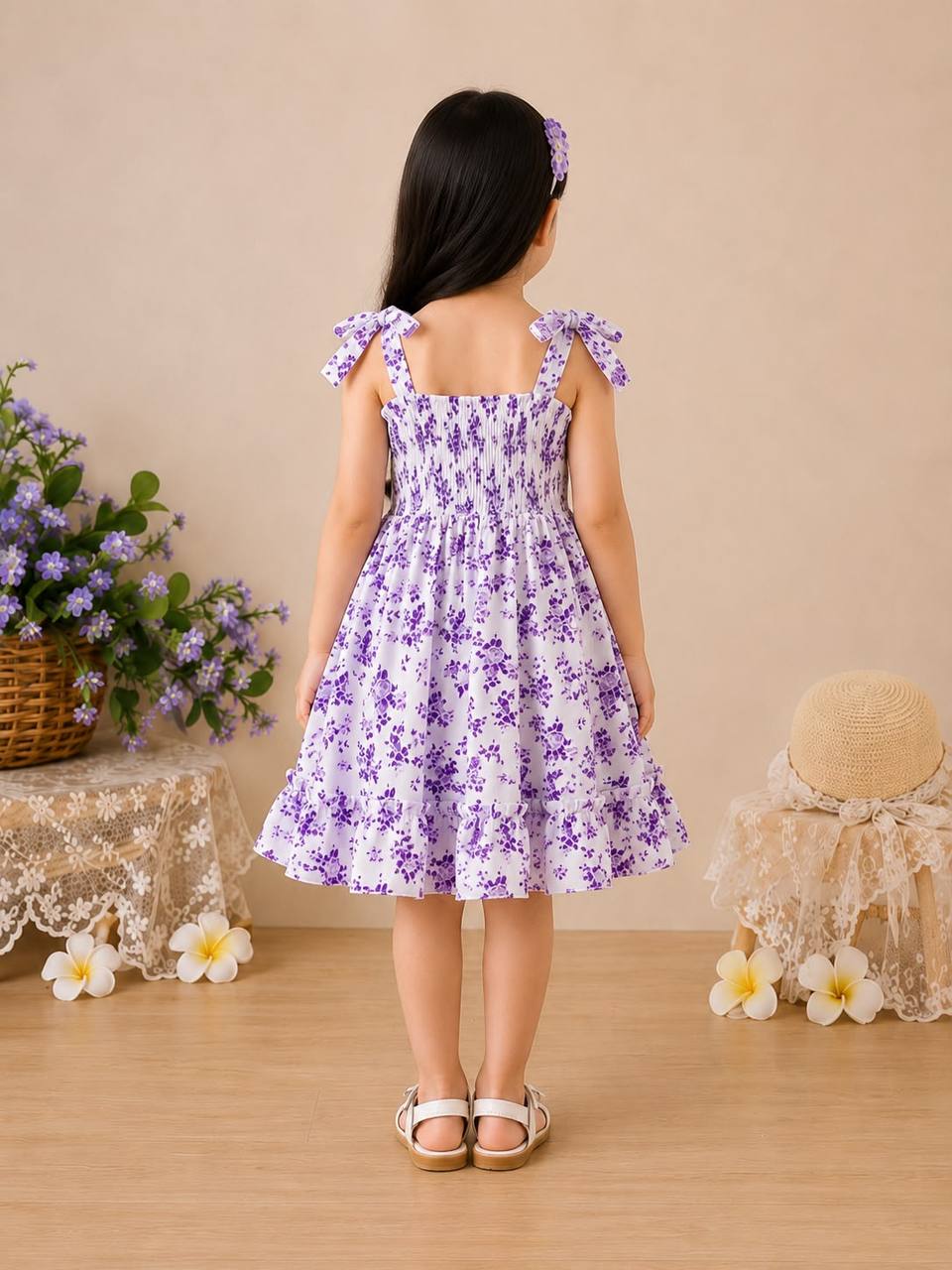 Girls Lavender Floral Print Smocked Dress