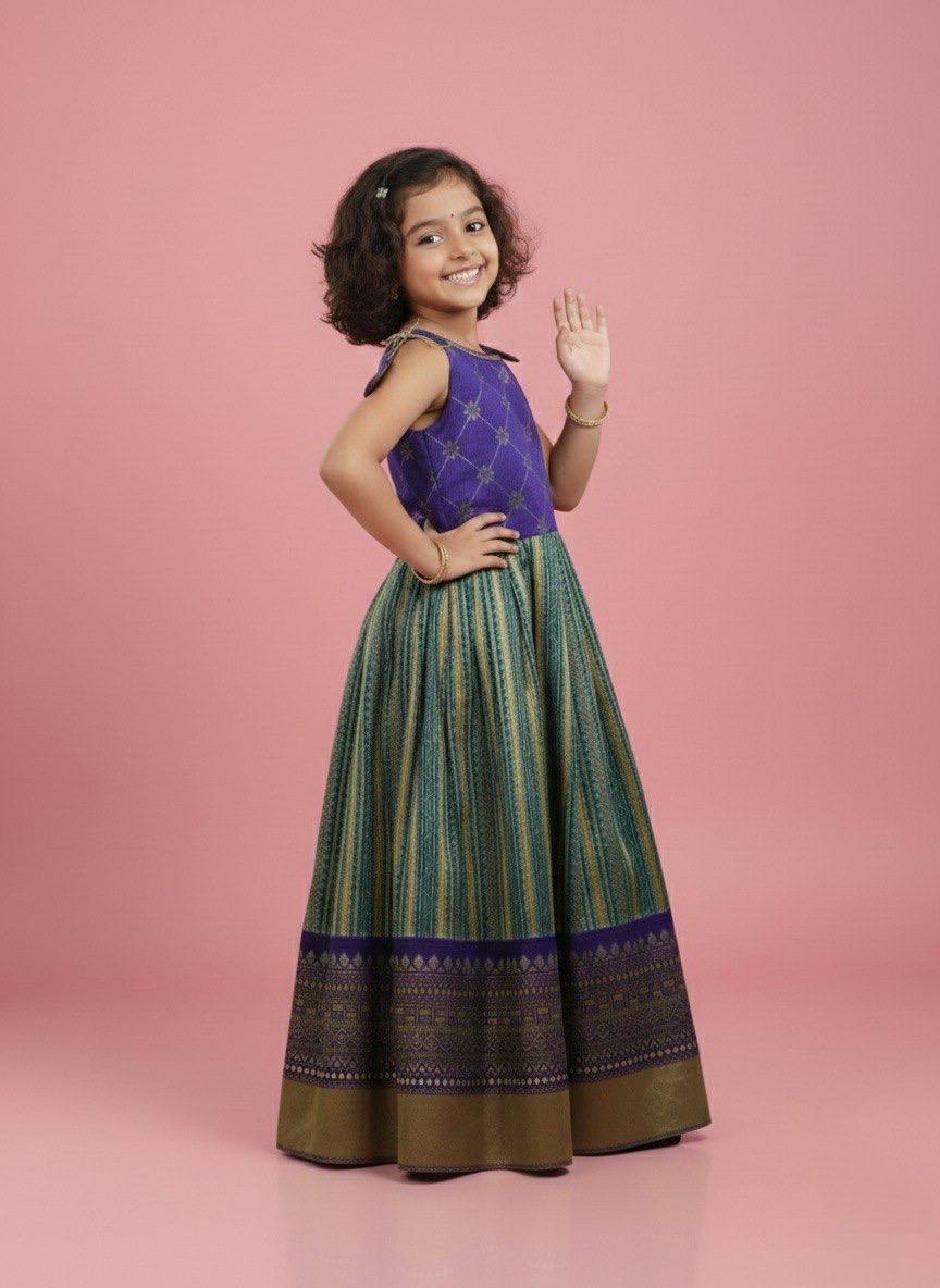 Girls Purple & Green Traditional Ethnic Lehenga Choli Set