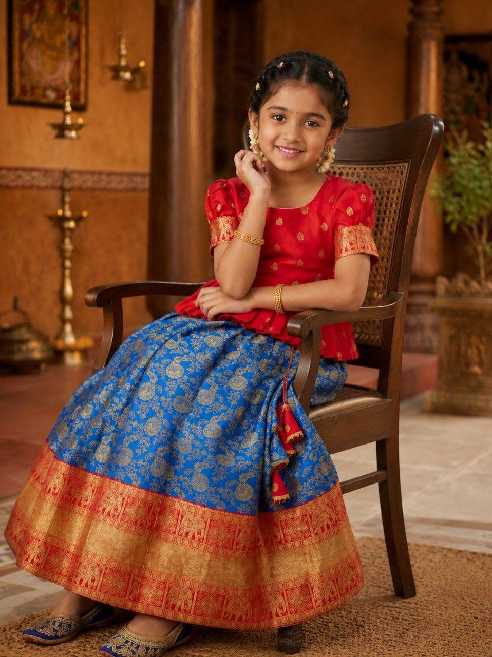Girls Red Peplum Top with Blue Banarasi Silk Lehenga Set