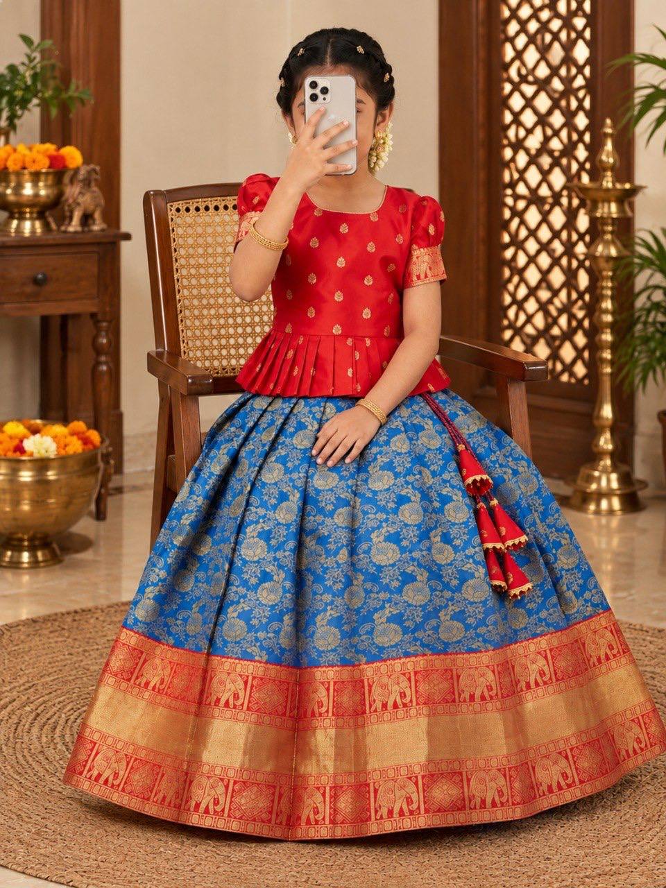 Girls Red Peplum Top with Blue Banarasi Silk Lehenga Set